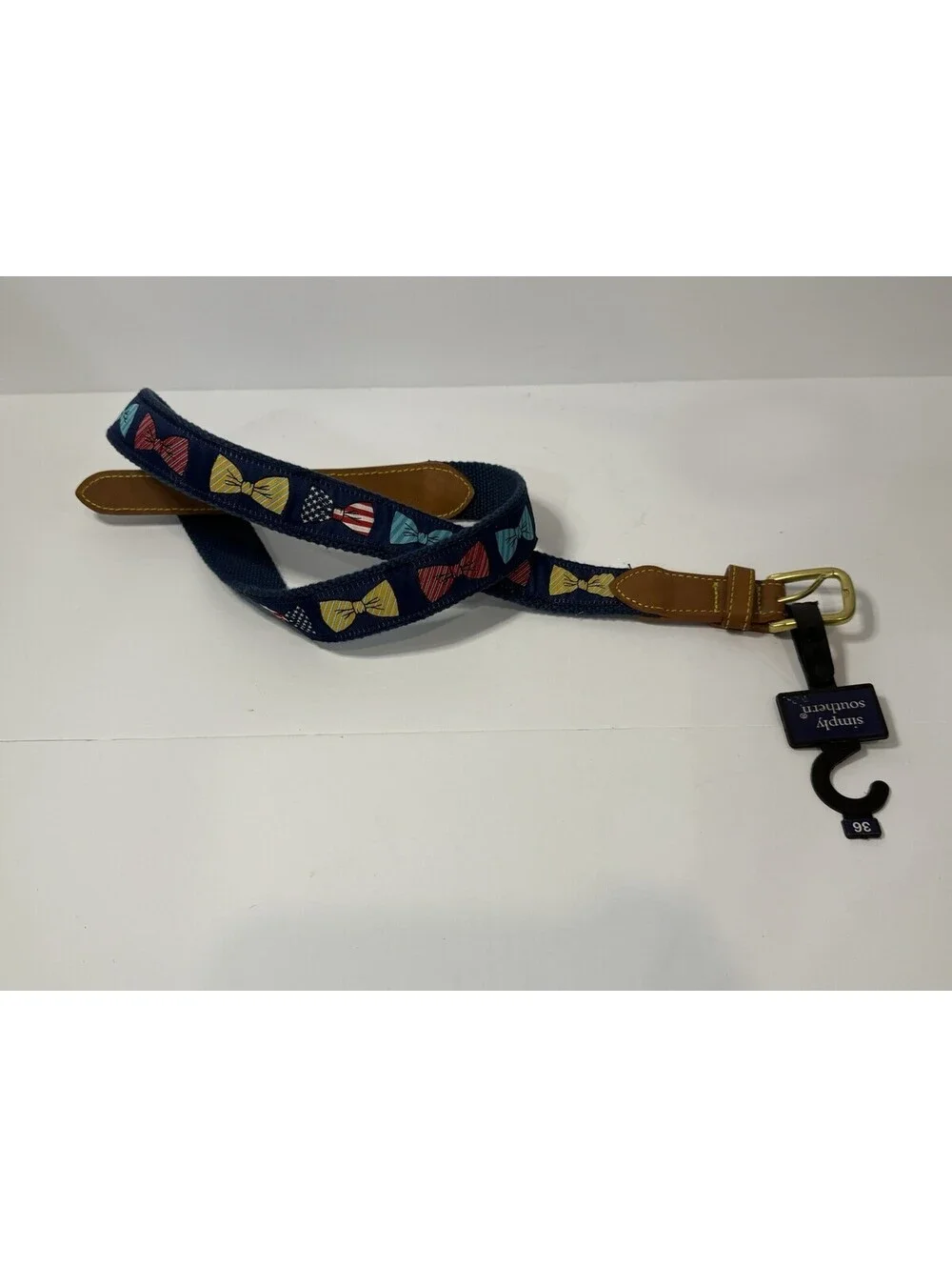 Men's Size 36 Simply Southern Collection Bow Tie Patterned Canvas/Leather Belt